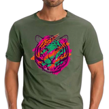 Tijger Art Graffiti Strijk Applicatie Roze Groen op een legergroen t-shirt