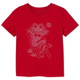 Kikker Strijk Strass Applicatie op een rood t-shirt