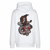 Eagle Zeearend Draak XXL Strijk Embleem Patch op de rugzijde van een witte hoodie