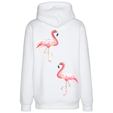 Roze Flamingo XXL Strijk Embleem Patch Links samen met de rechter variant op de rugzijde van een witte hoodie