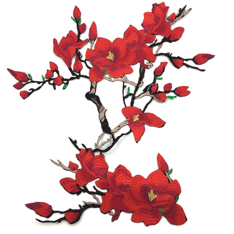 Rode Magnolia Bloesem Bloemen Tak XXL Strijk Embleem Patch