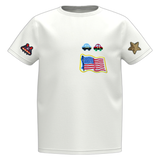 Vlag Amerika USA Strijk Embleem Patch samen met vier andere strijk patches op een klein wit t-shirtje