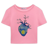 Hart Vincent Van Gogh Sterrennacht Orgaan Strijk Applicatie op een roze t-shirtje