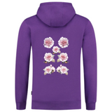Roos Wilderozen Bloemen Full Color Strijk Applicatie op de rugzijde van een paarse hoodie