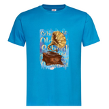 Old School Grammofoon Strijk Applicatie op een blauw t-shirt