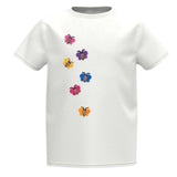 Bij Bijtje Strijk Embleem Patch Paars samen met de vijf andere kleurvarianten op een klein wit t-shirtje