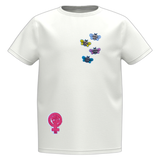 Girl Power Vuist Vrouwen Symbool Strijk Embleem Patch op een wit t-shirtje samen met kleine bij strijk patches