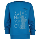 New York City Tekst Lady Liberty Strass Strijk Applicatie op een blauwe sweater