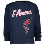 Rozen Bloemen Tak XXL Strijk Embleem Roze Links op een blauwe sweater
