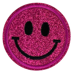 Smiley Emoji Strijk Embleem Patch Glitter Fuchsia Roze