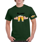 Bier Glazen Bierpull Alaaf Tekst Full Color Strijk Applicatie Large samen met de kleinere variant op een groen t-shirt