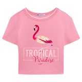 Flamingo Tropical Paradise Strijk Applicatie op een kort roze t-shirtje