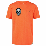 Skull Doodskop Schedel Strijk Embleem Patch op een oranje t-shirtje