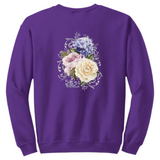 Bloem Hortensia Roos Pioen Full Color Strijk Applicatie op een paarse sweater