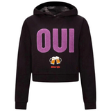 Op een zwarte hoodie met paarse OUI tekst