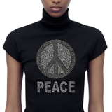 Peace Teken Sign Tekst Strijk Strass Applicatie op een zwart t-shirtje