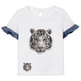 Tijger Witte Siberische Tijger Strijk Applicatie Small samen met de XXL variant op een dames shirt