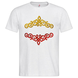 Cosplay Sequins Venetiaans Kant  Strijk Applicatie Patch Rood samen met de goudkleurige variant op een wit t-shirt 