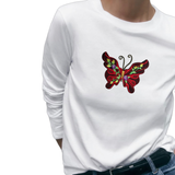 Kopie van Vlinder Strijk Embleem Patch Artistiek Rood Large op een witte longsleeve