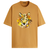 Wolf Herfst Full Color Strijk Applicatie op een mosterd geel t-shirt