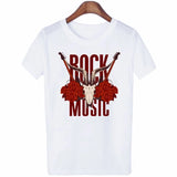 Rock Music Skull Gitaar Rozen Strijk Applicatie op een wit T-Shirt