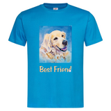 Golden Retriever Best Friend Tekst Strijk Applicatie op een blauw t-shirt