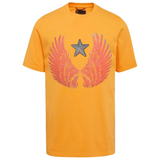 Vleugel Engel Paillette Vleugels XXL Strijk Embleem Patch Set L+R  Oranje op ee ngeel oranje t-shirt samen met een paillette zilverkleurige ster patch