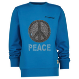 Peace Teken Sign Tekst Strijk Strass Applicatie op een blauwe sweater
