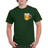 Bier Bierpull Bierglas Proost Tekst Full Color Strijk Applicatie Small op een groen t-shirt