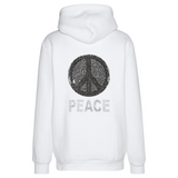 Peace Teken Sign Tekst Strijk Strass Applicatie op de rugzijde van een witte hoodie