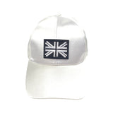 Zwart Witte Engels Britse Union Jack Vlag Strijk Embleem Patch op een wit satijnen cap