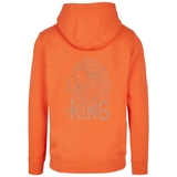 Leeuw Strass Strijk Applicatie King Tekst op de rugzijde van een oranje hoodie