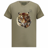 Tijger Strijk Applicatie Pranja XL op een legergroen t-shirt