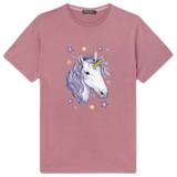 Eenhoorn In The Moonlight Applicatie op een oud roze t-shirt