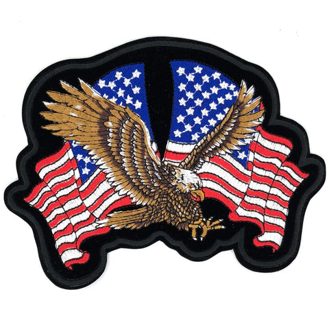 Zwart fluwelen strijk patch waarop een vliegende adelaar en twee Amerikaanse vlaggen zijn geborduurd