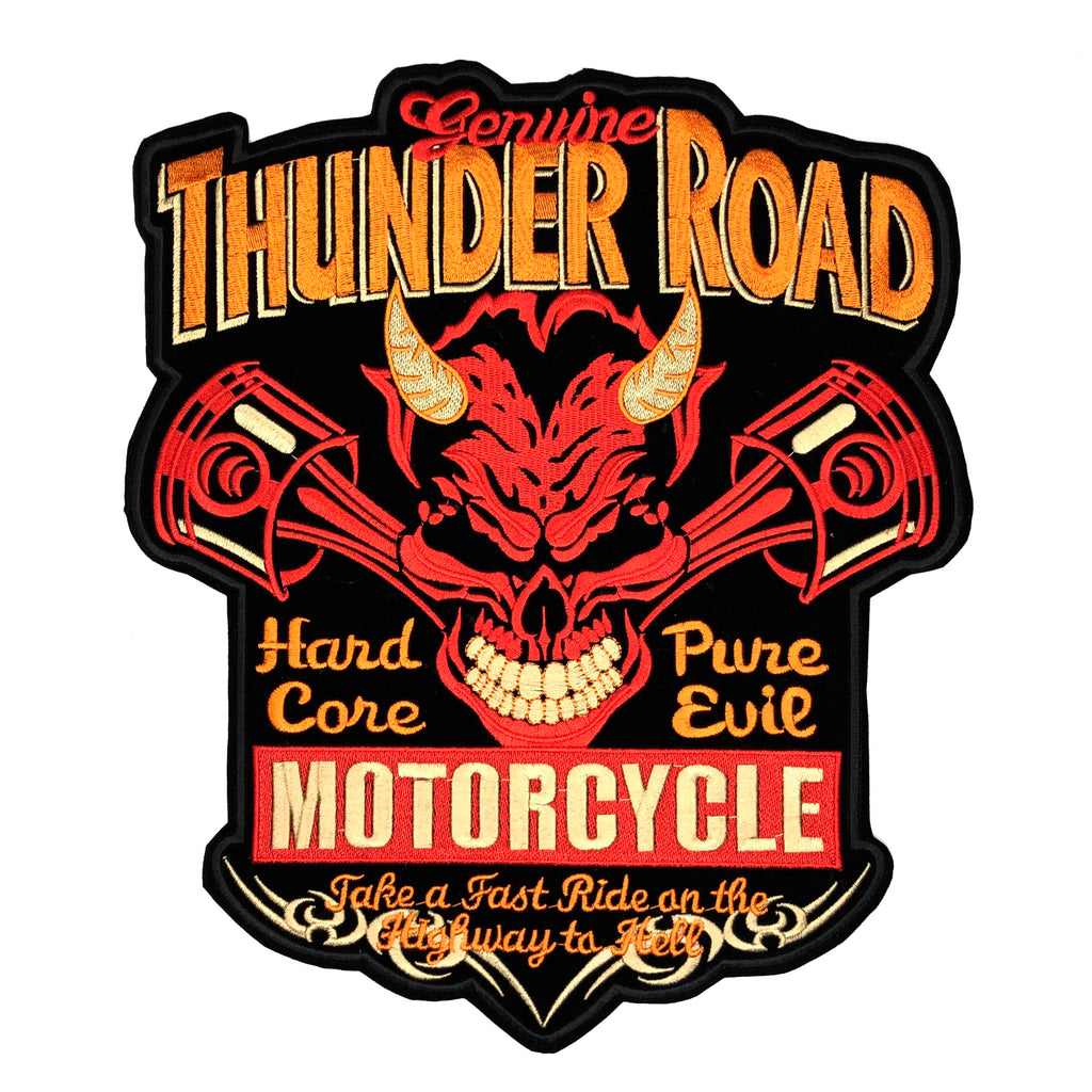 Zwart fluwelen biker XXL strijk patch met de teksten thunder road hard core pure evil motorcycle take a fast ride on the highway to hell 