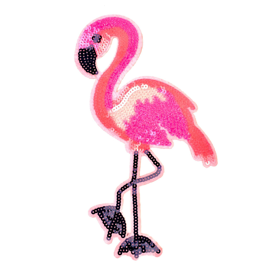 Detail van de glinstering van de Roze Paillette Flamingo XXL Strijk Embleem Patch